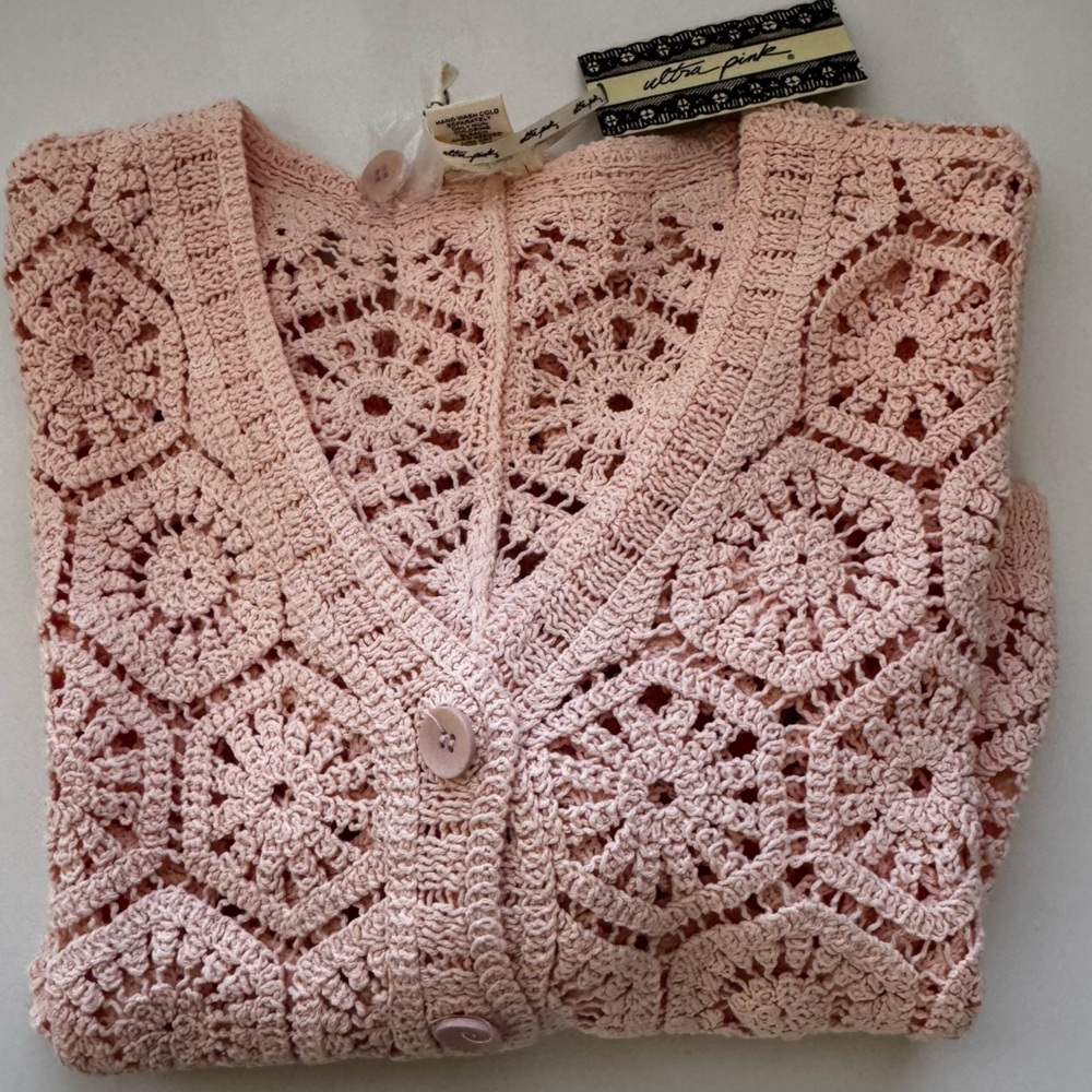 Ultra Pink Women’s Long Sleeve Crochet Cardigan Sweater Large - Picture 2 of 5